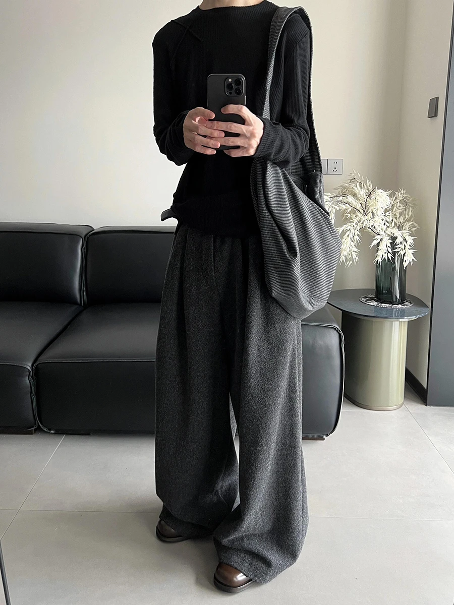 ReddaChic ทํางานสํานักงานผู้หญิง Tweed กางเกง Casual หลวม Fit สีกากี Textured เอวสูงขากว้างกางเกงฤดูใบไม้ร่วงเสื้อผ้าวินเทจ