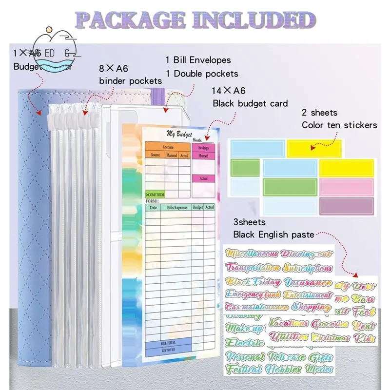 AED6-A6 Gradient Macaron Binder Hand Ledger Notebook Leather PU Loose-Leaf Book Cash Budget Book With Zip Bag