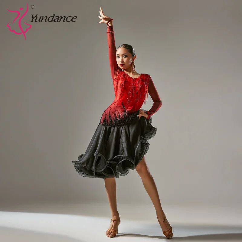 

L-24065 Latin Dance Dress Competition Dress Costume Skirt Performing Rhinestones Adult Children Black Red Dress Various Color