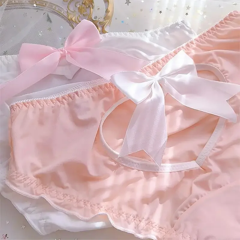 Women Sexy Hollow Big Bow Cute Lovely Sweety Lolita Panties Ruffles Underwear Princess Style Stretch Milk Silk Low Waist Breifs