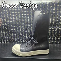 Men Boots Women Mid-Calf Genuine Leather Lace Up Motorcycle Shoes Flats High Street Vintage Luxury Original Black Sneakers
