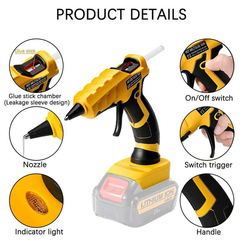 Imagem -03 - Pistola de Cola sem Fio para Dewalt Ferramentas de Reparo Faça Você Mesmo Pistola de Cola Quente Quick Preheat Dcb200 Dcb204 18v 20v mm