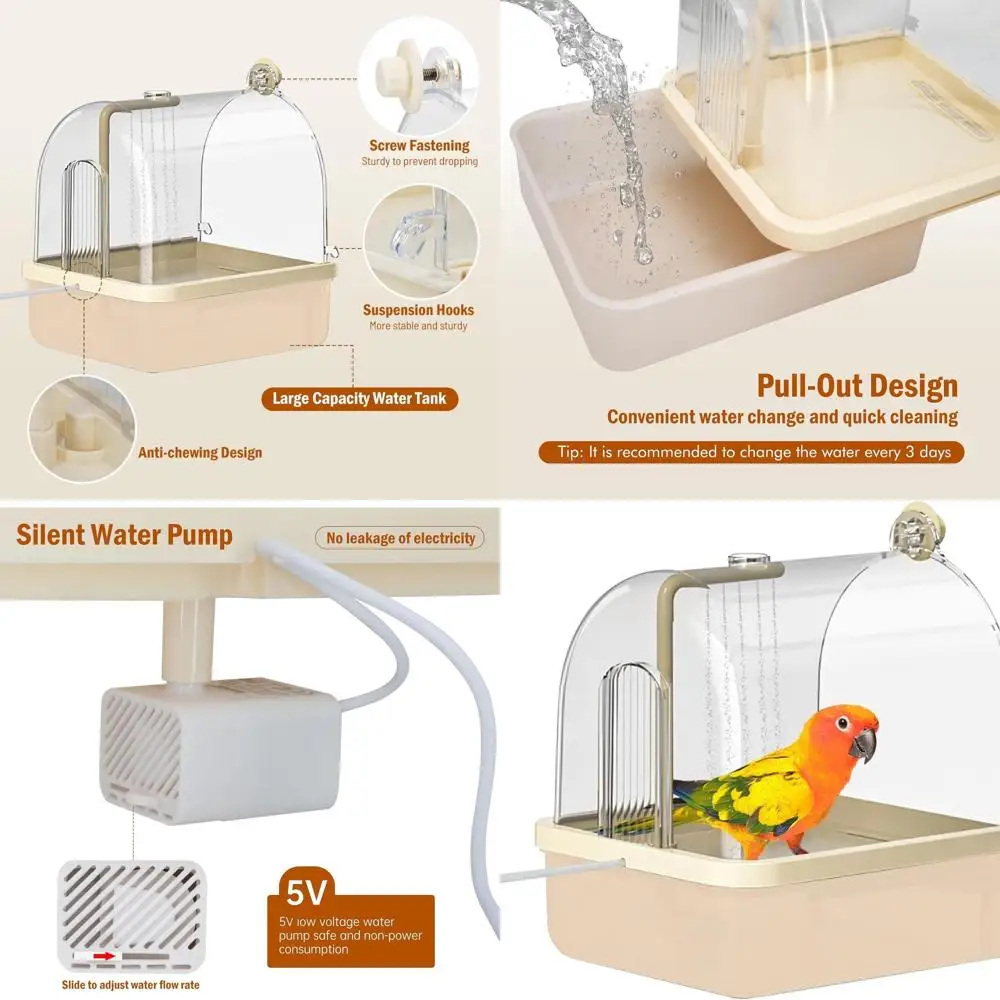

Bird Bath for Cage, Automatic Parakeet Bath with Pump, Indoor Bird Shower with Running Water, Filter, Bird Cage Accessory for Pe