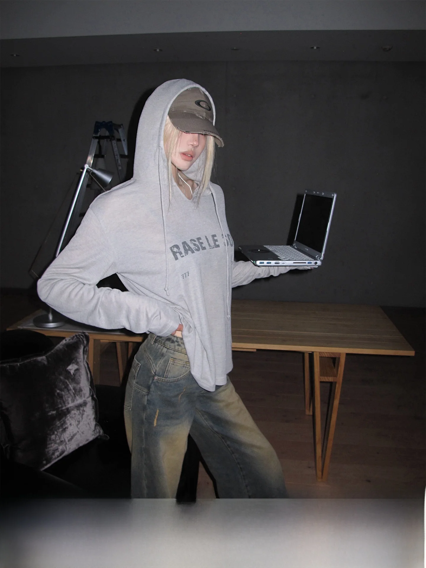 Rase Le Sol‘ey Reverie’ Grey Semi-Transparent Silk Hoodie Loose Long Sleeve T-Shirt Casual Style Printed Thin Polyester Viscose