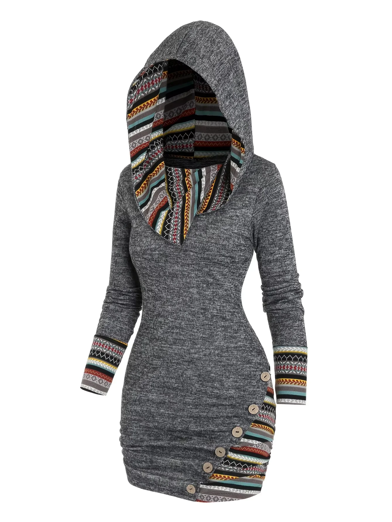 European and American Explosions Fashion Women's Ethnic Style Geometric Stripe Stitching Hooded Knitted Long-Sleeved Tight Dress
