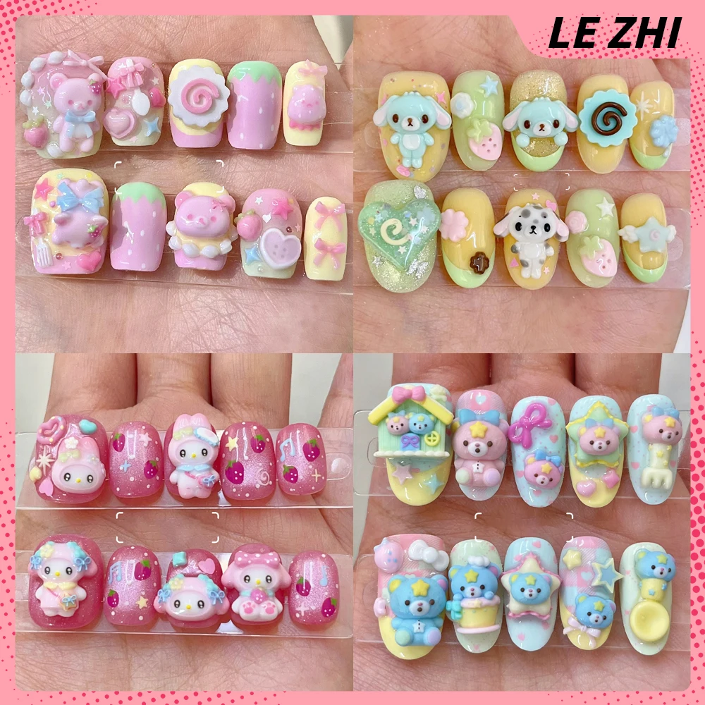 

Kawaii Hellokitty Mymelody Rilakkuma Press On Nails Cartoon Bear Dog Handmade False Nails Customizable Wholesale Girl Party Gift