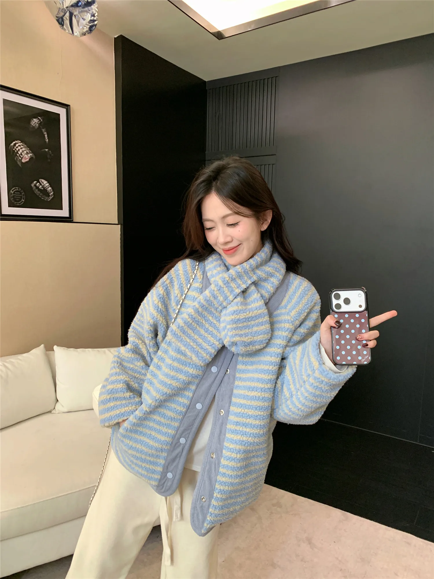 Korean Sweet Two Side Wear Padded Jacket Women Fleece Lined Thick Warm Parkas Woman Lazy Style Stripe Scarf Winter Jackets