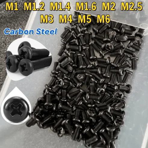 M1 M1.2 M1.4 M1.6 M2 M2.5 M3 M4 M5 M6 Black Carbon Steel Round Head Cross Screw Small Size Pan Head Phillips Mini Screws