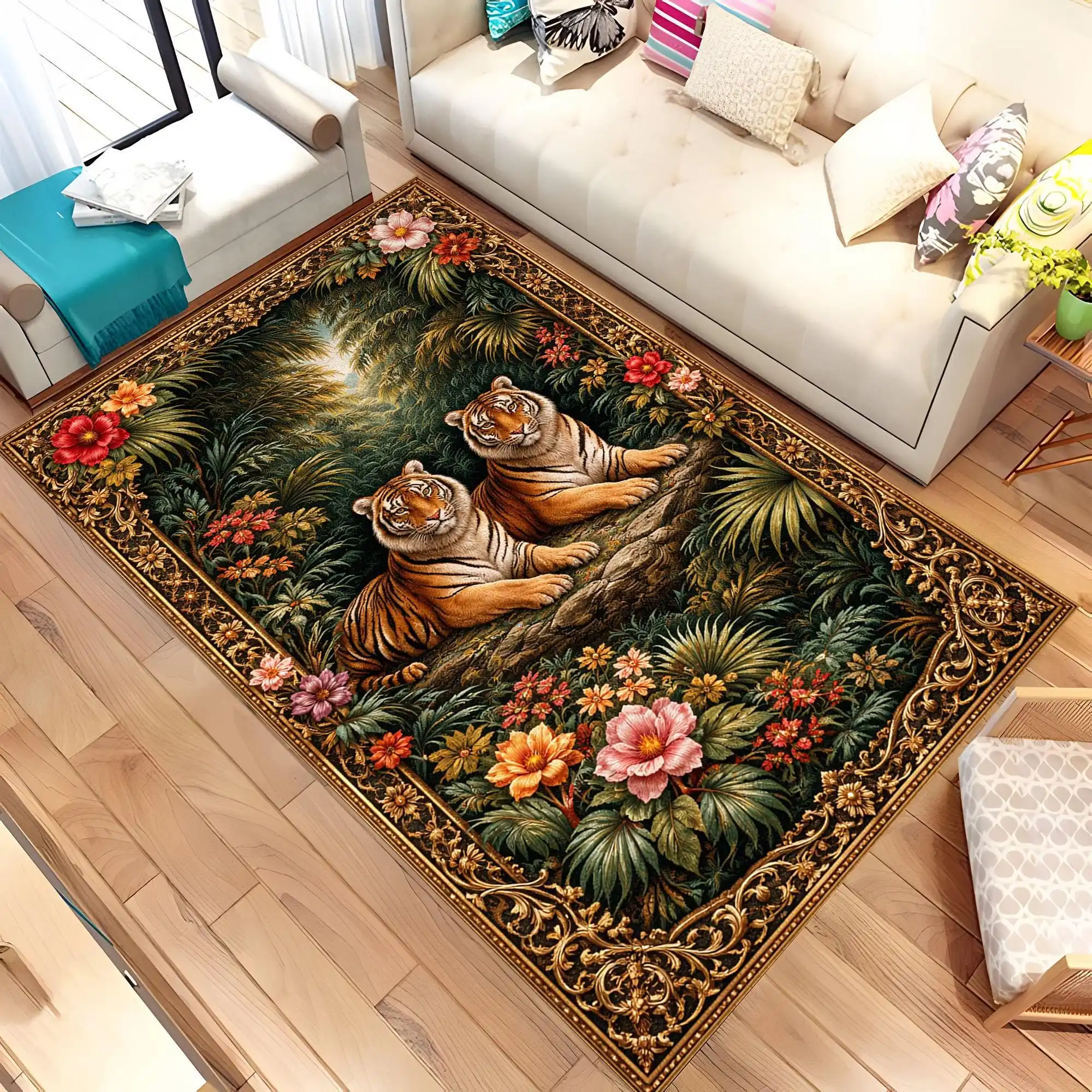Tropical Rainforest Giraffe Zebra Lion Wild Animal graphics Rug,Sofa Living Room Café,Non Slip Rug,Gift