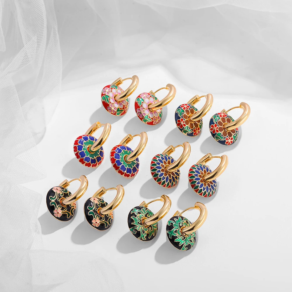 Vintage Round Enamel Colorful Flowers Circle Charms Dangle Earrings for Women Stainless Steel 18K Gold Plated Huggies Earring