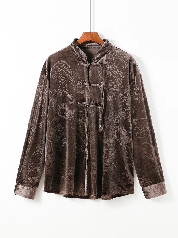 

Осенний мужской золотой бархатный чайный костюм Джет с узором дракона и феникса, вышивкой, воротником-стойкой, традиционный китайский костюм...