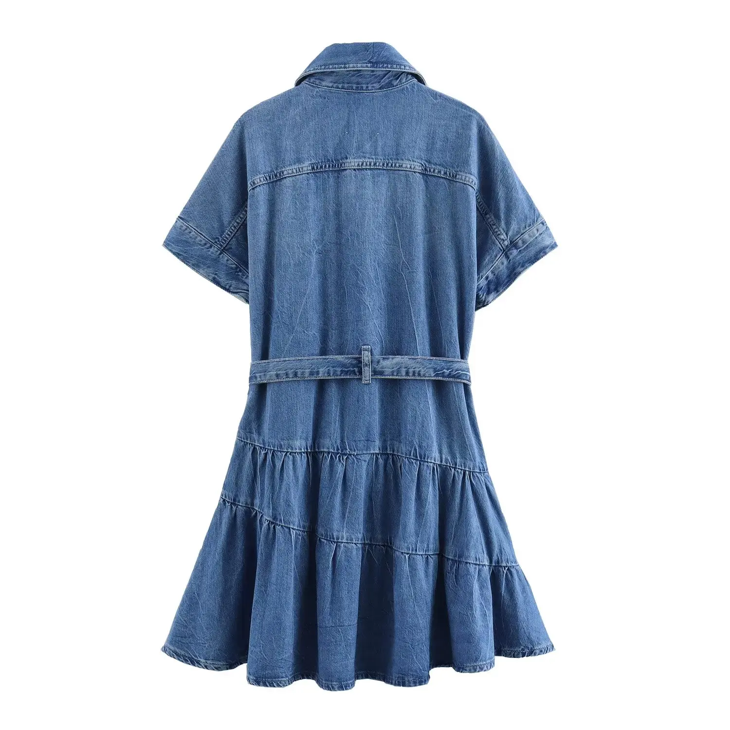 Maxdutti With Belt Minimalist Retro Washed Denim Dress Women Tops Summer Dress Women Casual Mini Dress