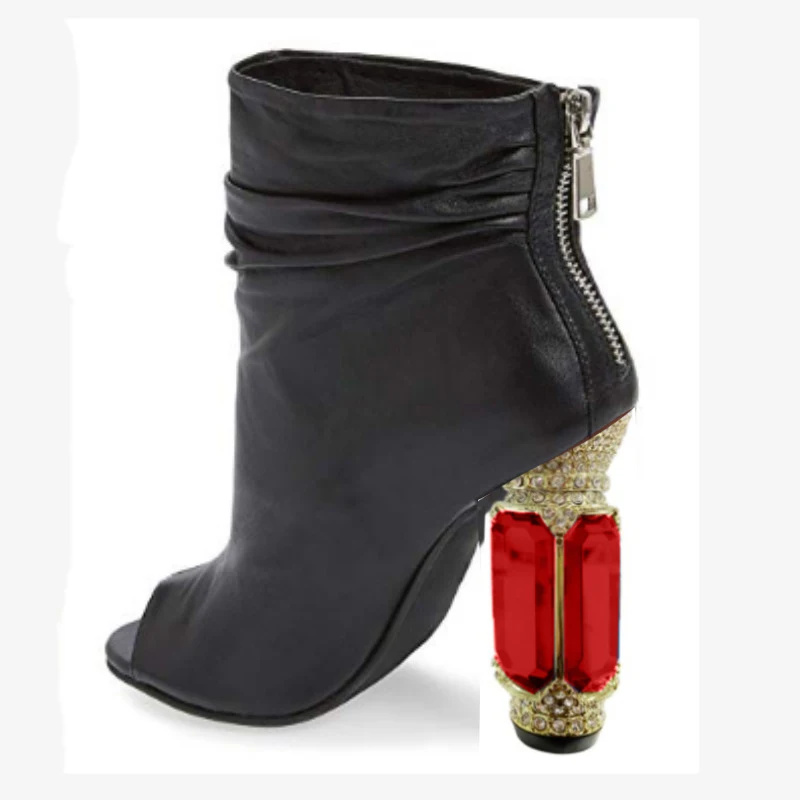 

SHOFOO Fashionable women's high-heeled boots. Blue (black, brown) leather boots. About 10.5 cm heel height. Peep toe boots,34-46