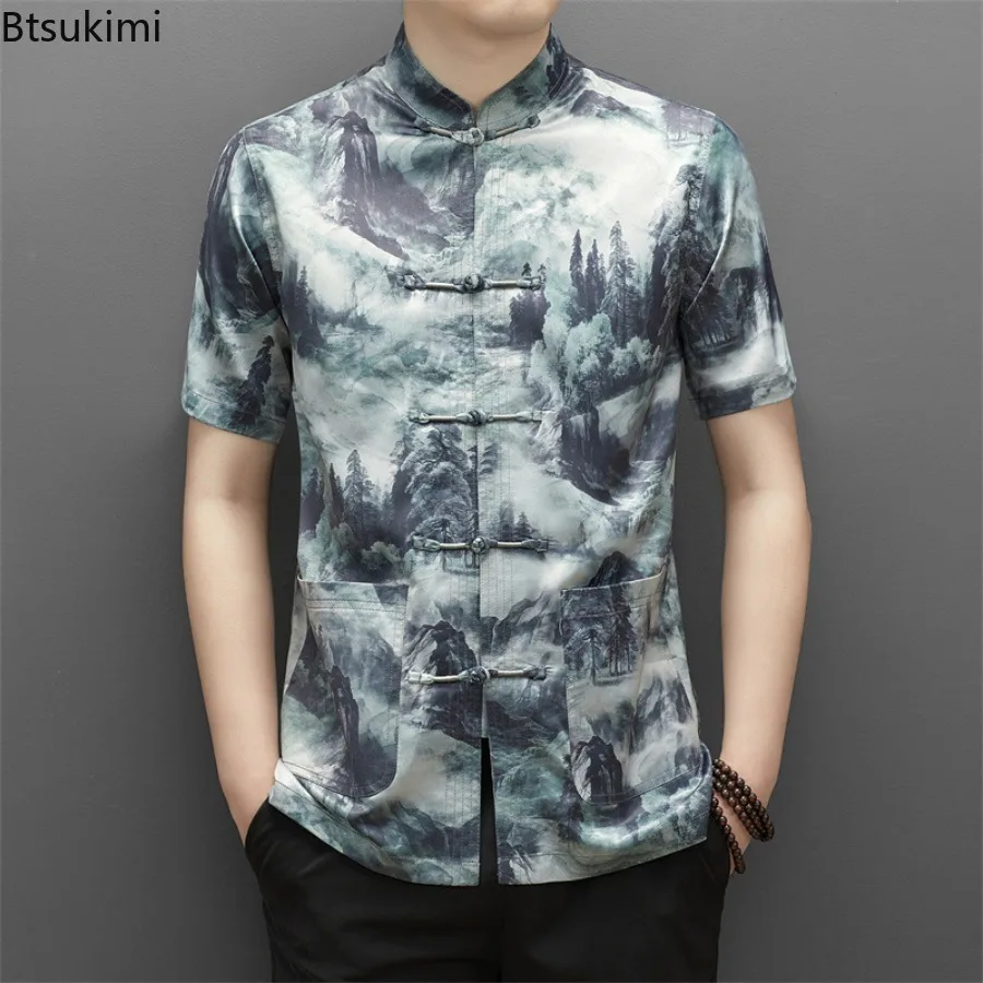 2024 Chinese Style Men's Stand Collar Short-sleeved Printed Shirts Summer Fashion Retro Casual Shirt Men Clothes Hanfu Tang Suit