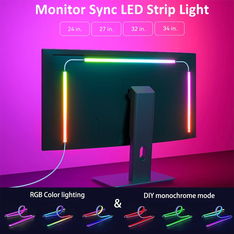 

Светодиодные ленты синхронизации RGB для монитора 24-34 дюймов, подсветка с питанием от USB, атмосферное освещение для декора игровой комнаты, стола