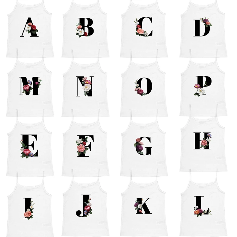 26 Letter A-Z Flower Letter Pattern Print White Slim Crop Top Y2k Vintage Summer Spicy Girl Camisole Sexy Sleeveless Skinny Tank