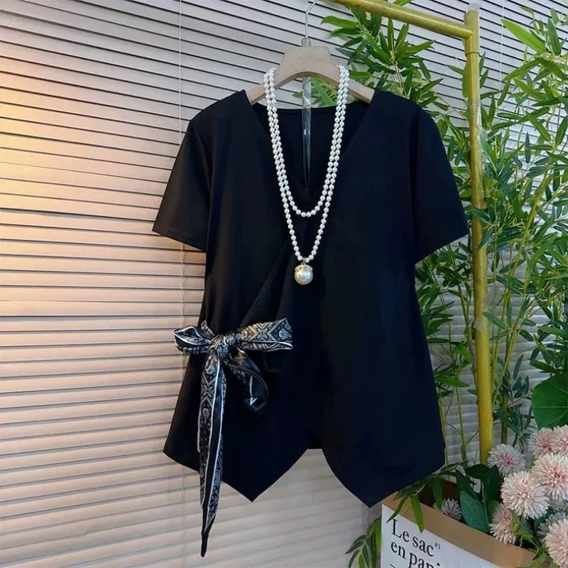 Lazy Style Irregular Slit Hem Short Sleeve Lacing T Shirts Women Clothing Summer V Neck Loose Solid Casual Tops Fashion Trend