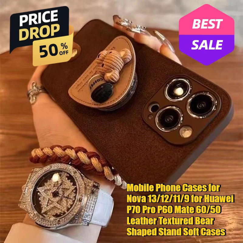 

Mobile Phone Cases for Nova 13/12/11/9 for Huawei P70 Pro P60 Mate 60/50 Leather Textured Bear Shaped Stand Soft Cases