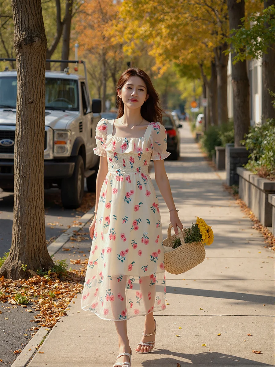 여성용 파티 웨딩 플로럴 프린트 발목 길이 자수 비즈 장식 스팽글 드레스