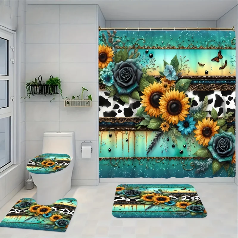 1pc/3pcs/4pcs Blue Striped Background Rose Sunflower Style Bathroom Set Including Shower Curtain Three-piece Set Four-piece Set