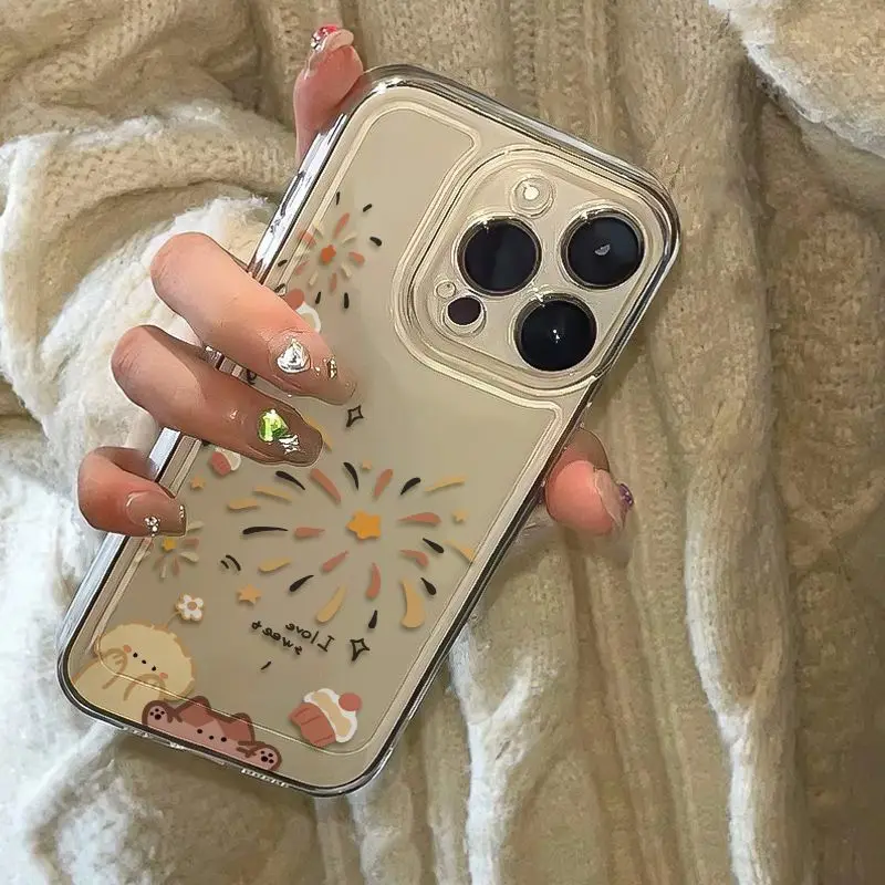 New Ins Love Fireworks Phone Case For iPhone 15 14 13 12 11 Pro Max XR X XS 14 15 7 8 Plus Y2K Happy Anti Fall Clear Cover