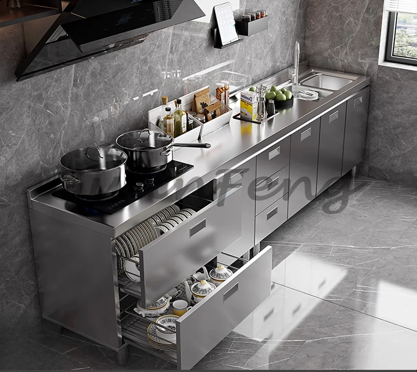 304 Stainless Steel Storage Cabinet, Thickened Integrated Molding Countertop Cabinet for Kitchen Home Storage