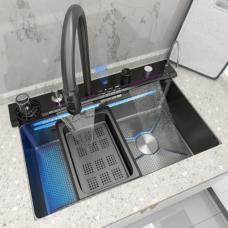 Waterfall Stainless Steel Kitchen Sink Multifunctional Large Single Bowl Integrated Digital Display Washing Basin