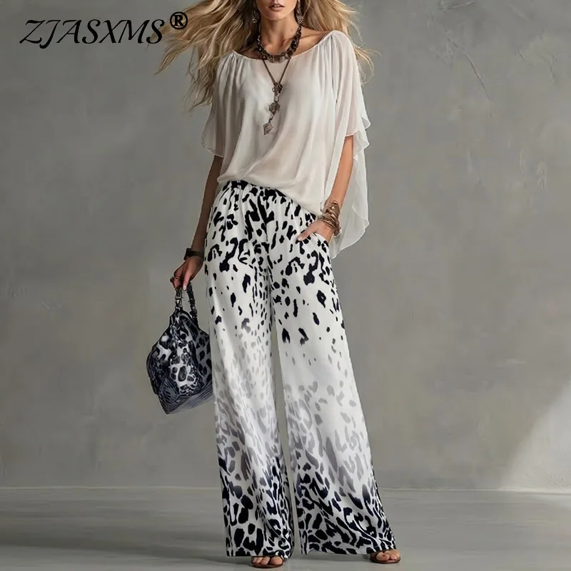 Summer Batwing Sleeve Women 2 Piece Outfit Gradient Leopard Print Wide Leg Pants Set Casual Beach Vacation Matching Pockets Suit