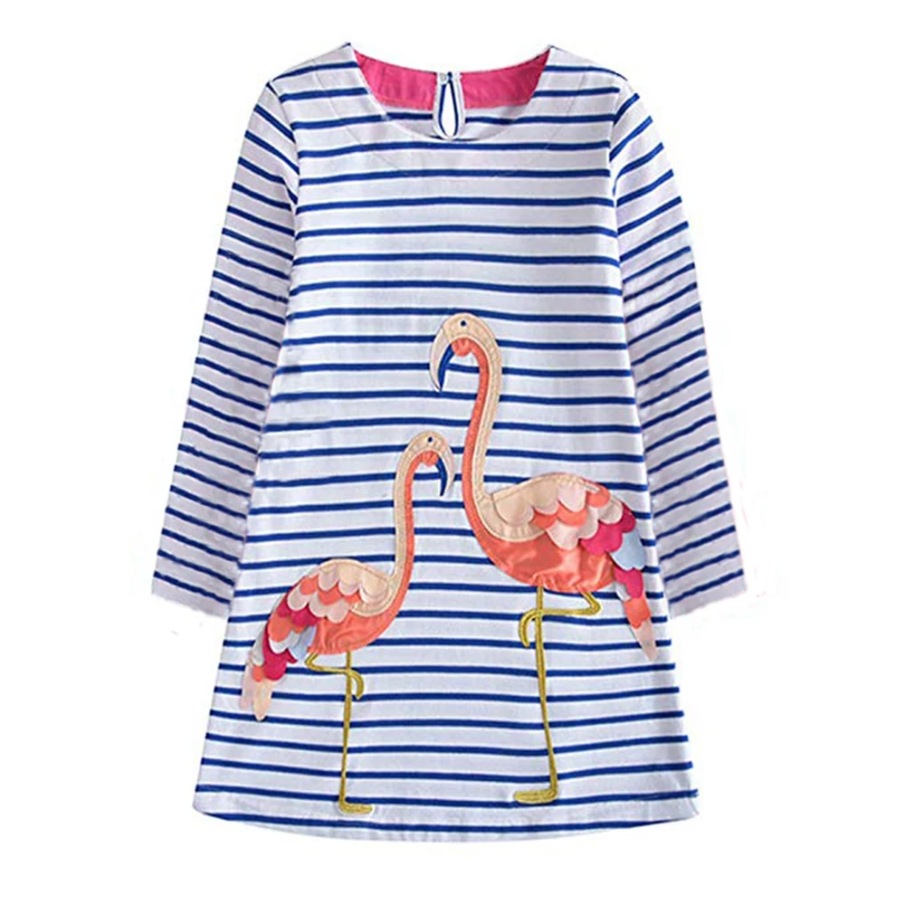 VIKITA Kids Flamingo Cartoon Appliqued Dress Girls Striped O Neck Long Sleeve Autumn Spring Straight Dresses Children Clothing