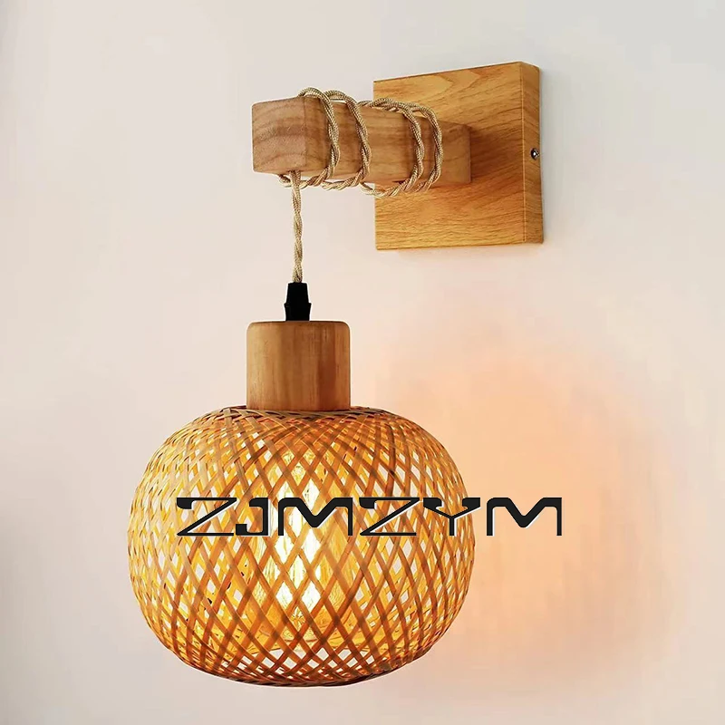Wall Light Lamp Fixture Sconce Corridor Hanging Wood Lantern Mount Farmhouse Sconces Night Bamboo Rattan Lamp