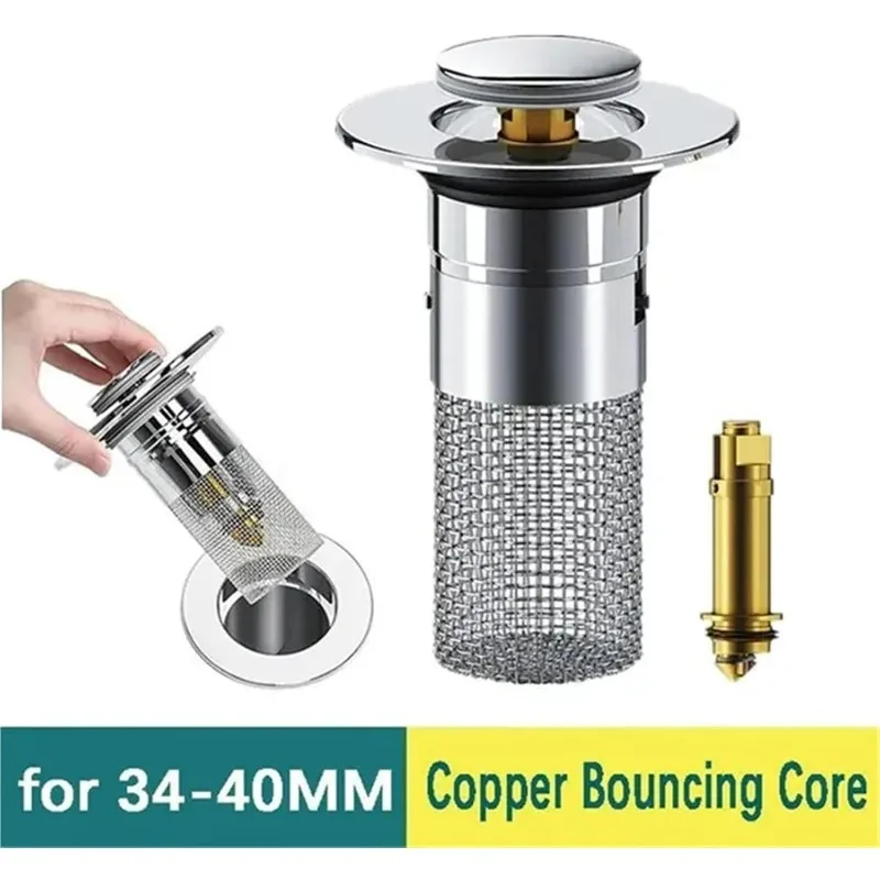 NEW Washbasin Leak Plug ABS Stainless Steel Odor Proof Bouncing Core Press Type Sink Drain 34-40mm Universal Accessory 1pcs