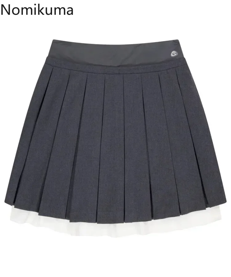 Pleated Skirts Women Clothing 2024 New Bottoms Patchwork Fake Two Saia High Waist A-line Jupe Korean Simple Vintage S-line Skirt