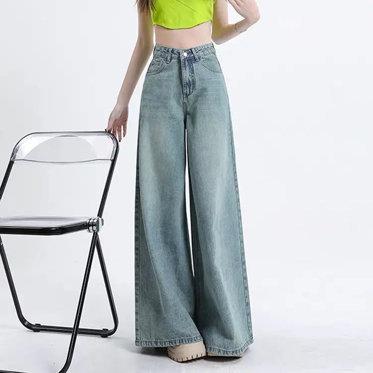 Women High Waist Korean Slacks Wide Leg Jeans Girls Punk 90s Vintage Denim Straight Leg Pants Female Light Blue Baggy Trousers