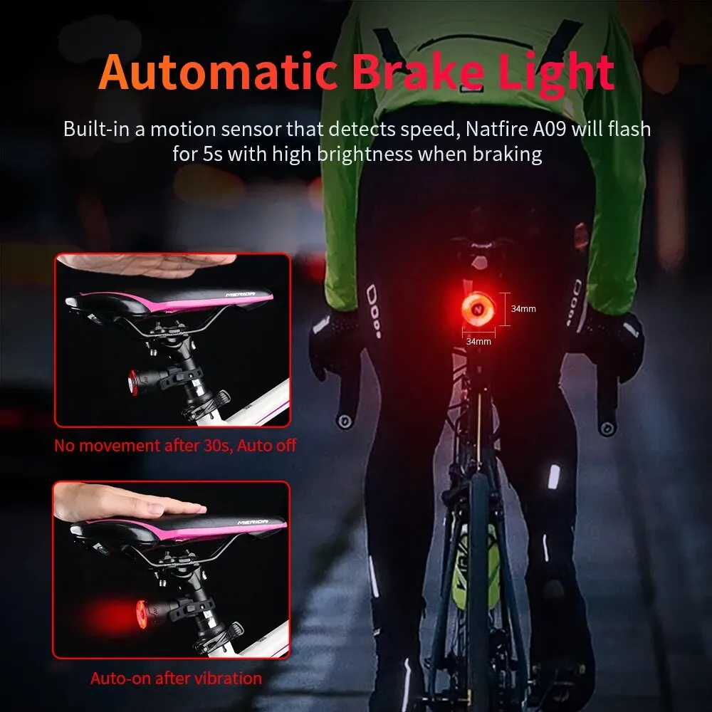 NATFIRE A09 Bicycle Smart Auto Brake Sensing Light Waterproof USB C Charging LED Cycling Taillight Bike Rear Light Accessories