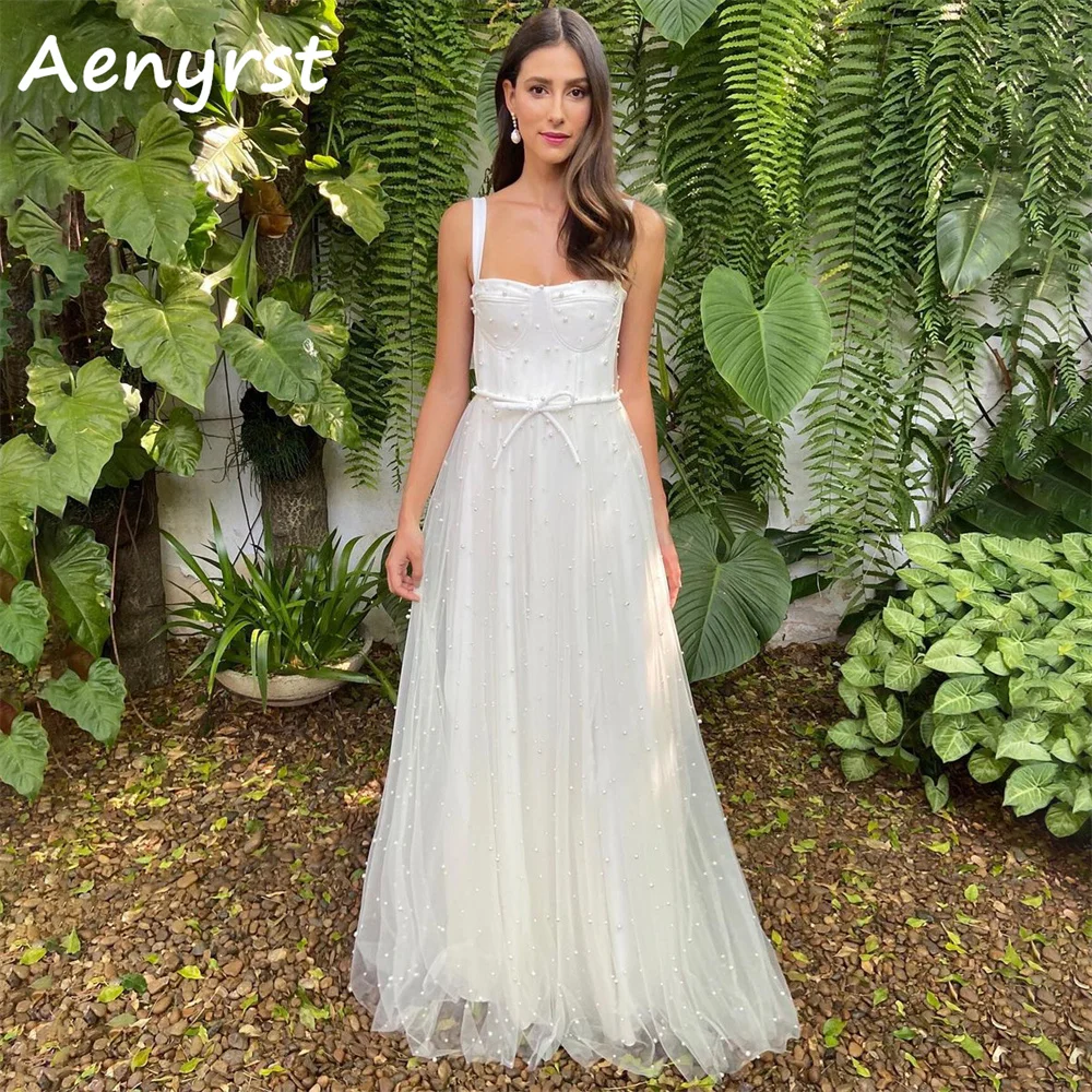 Aenyrst-Elegante Spaghetti Strap A Line Vestidos De Casamento, Vestido Longo De Tule, Pérolas, Trem De Varredura, Vestidos De Noiva Boêmios, 2024