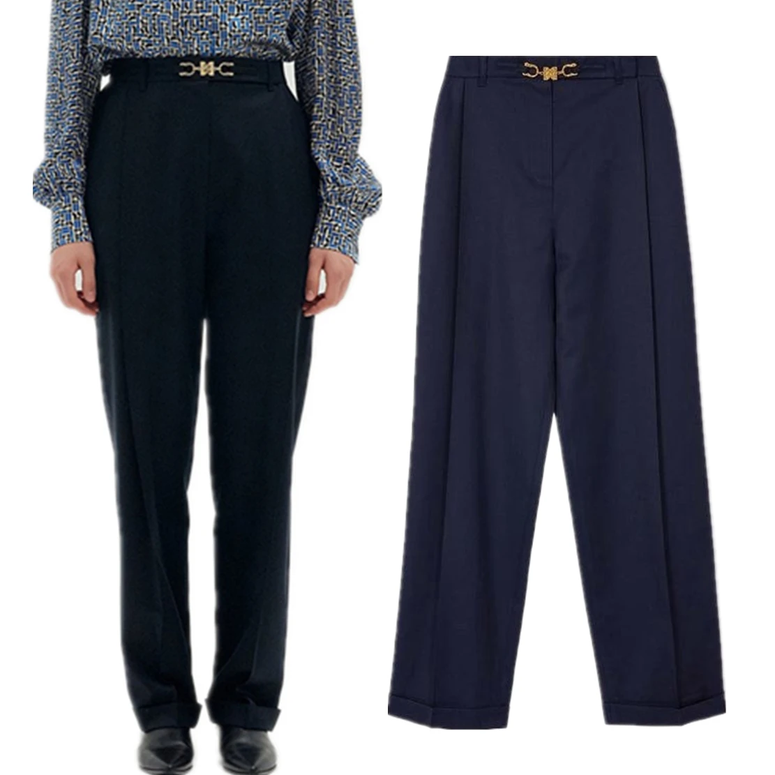 

Dave&Di 2024 Spring new In Woimen's Casual Pants Fashion Office Ladies Trousers Women Straight Navy Color Pants Women