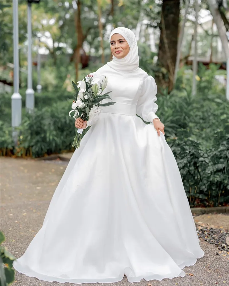 Funyue Dubai Muslim Hijab Wedding Dresses for Woman A-Line Chiffon Elegant Bridal Dress with Sleeves Veils Robe De Mariée 2024