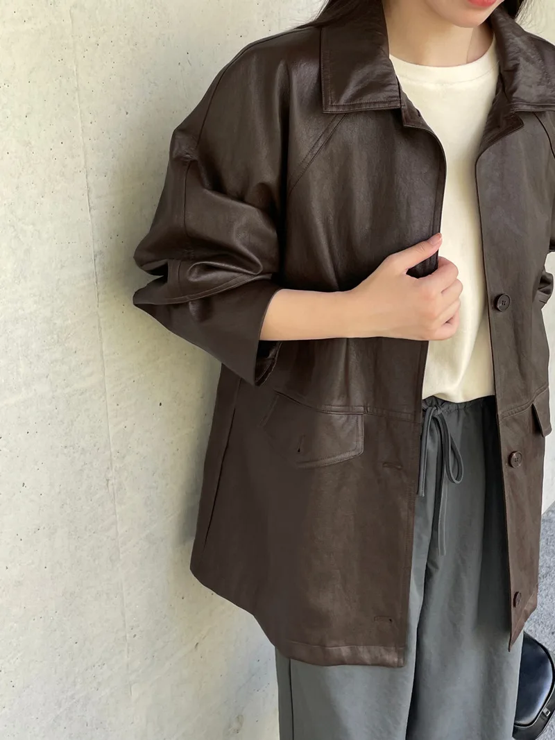 Brown Leather Trench Coat Women\'s Lapel Slimming Mid Length Windbreaker Motorcycle Jacket