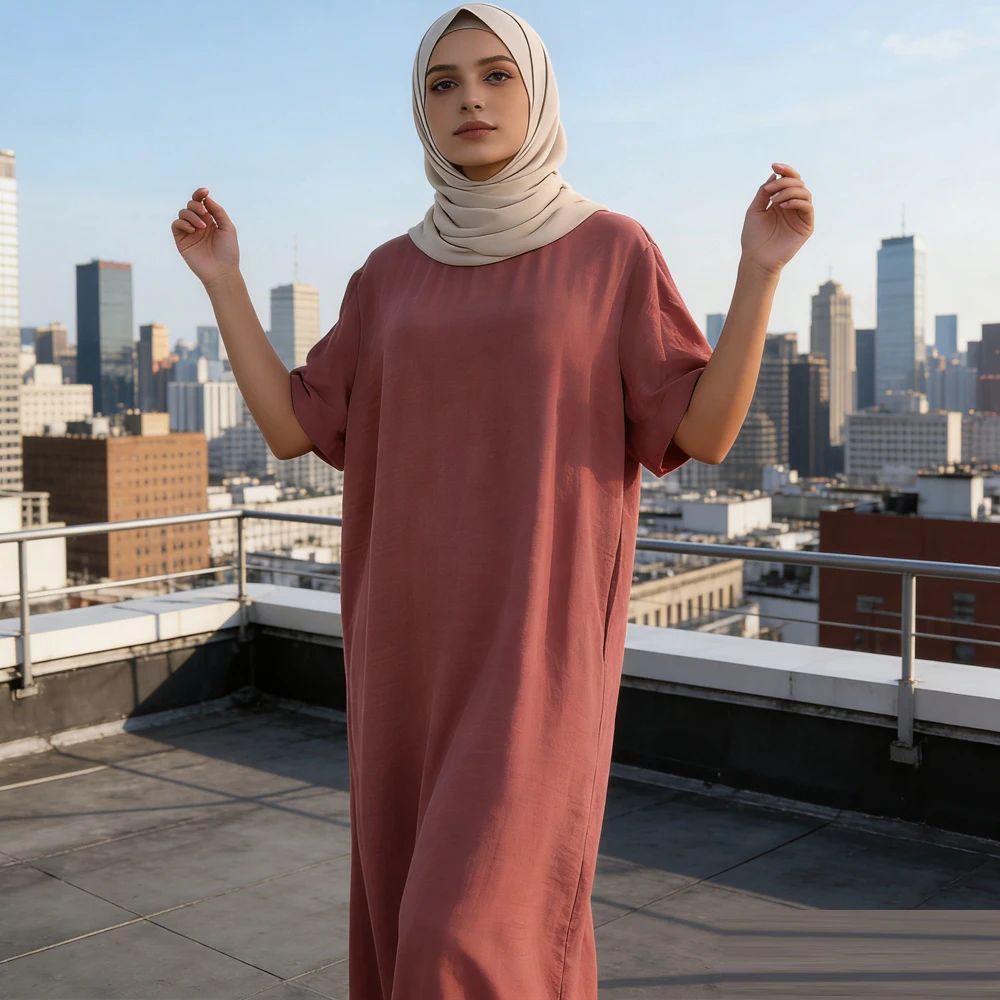 

Muslim Women Arabic Dubai Abaya Inner Long Dress Short Sleeve Modest Dresses Ramadan Robe Kaftan Femme Islam Clothing Vestidos