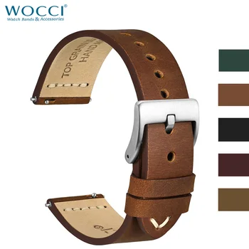 WOCCI 남성용 탑 그레인 가죽 수제 시계 밴드, 버클이 있는 교체 스트랩 퀵릴리즈, 17mm, 18mm, 19mm, 20mm, 21mm, 22mm, 24mm  Best5