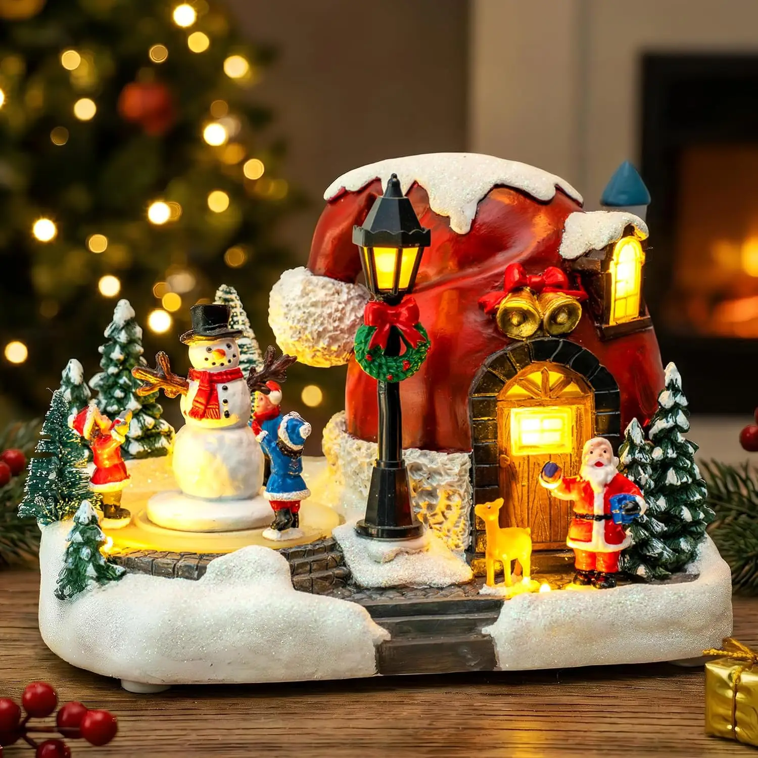 Pueblo navideño alimentado por USB con figuras animadas, luces LED y música para decoración del hogar festivo