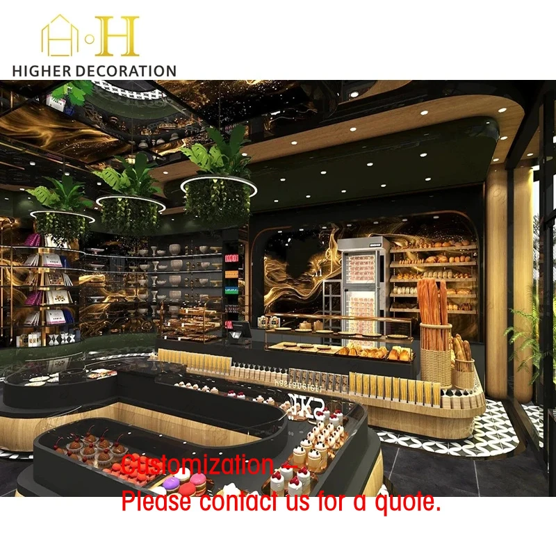 custom.Fashion Bakery Shop Interior Design Tempered Glass Bakery Countertop Display Wooden Bakery Display Tray with Lighting