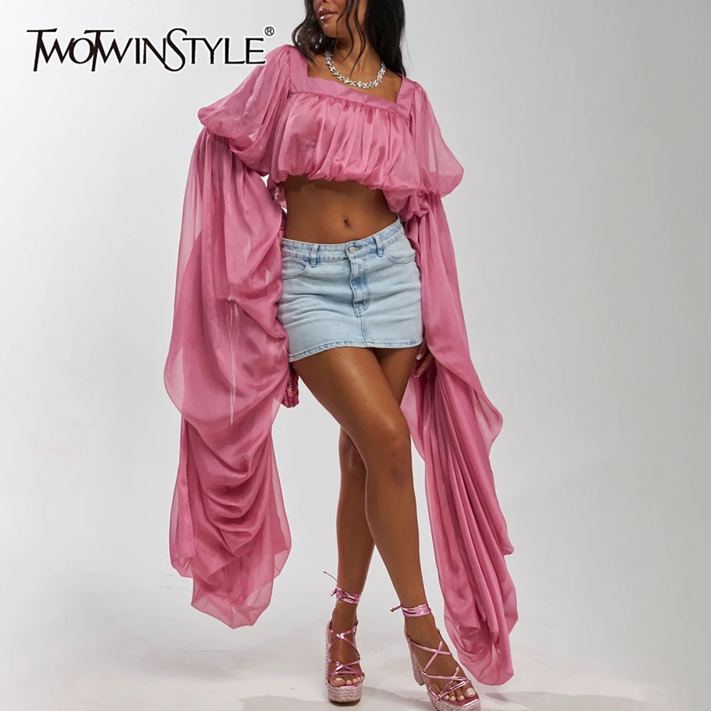 TWOTWINSTYLE Soft Chic Flowy Draped Crop Blouse for Women Square Neck Puff Long Sleeve Tie Back Cutout Design Shirt for Party