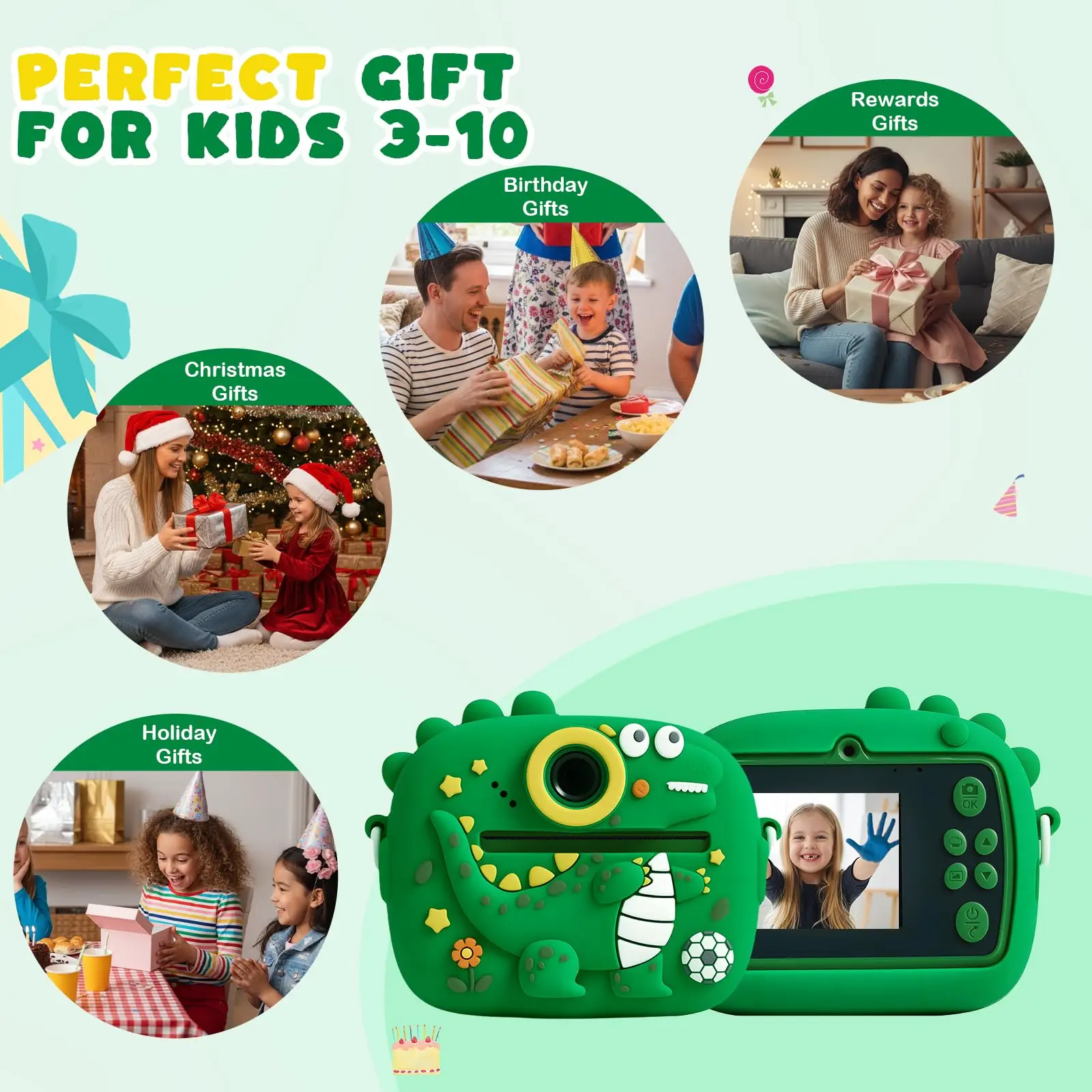 Caméra pour enfants avec double caméras avant et arrière 48MP 1080p HD Double caméras avant et arrière, cinq jeux éducatifs Noël, Hallo