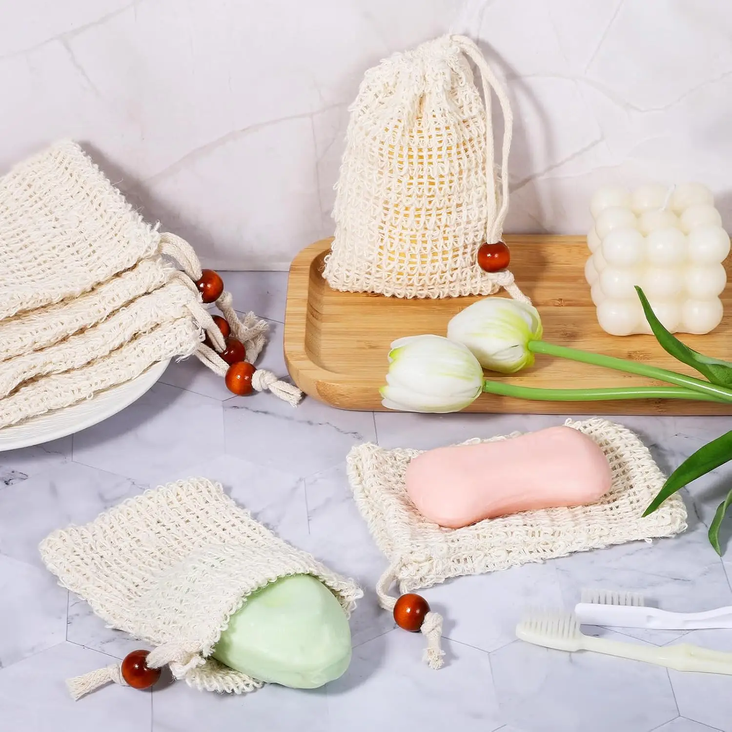 Bolsa salvavidas de jabón de sisal natural para bolsa de jabón orgánico para exfoliar la espuma y secar el aire durante los duchas