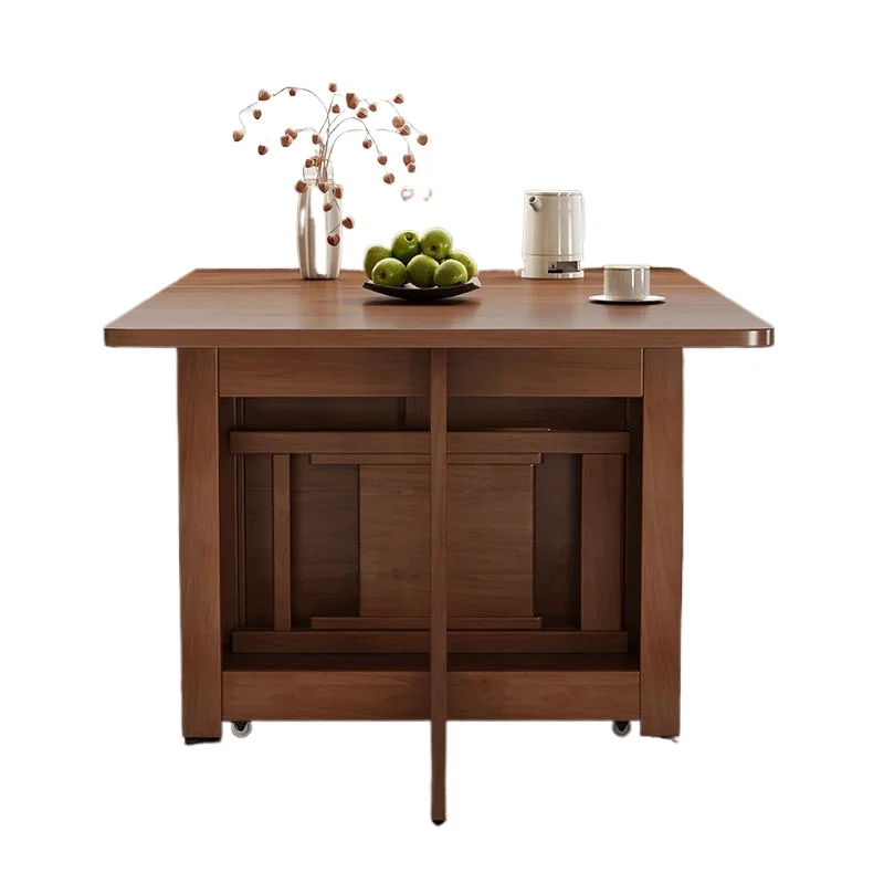 All solid wood folding dining table and chair combination modern simple small apartment with wheels retractable mobile storage