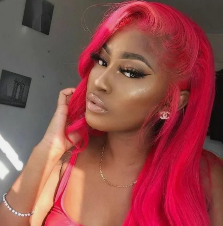 Women Girls Lace Front Wigs Long Rose Pink Straight Synthetic Natural Silky Wig