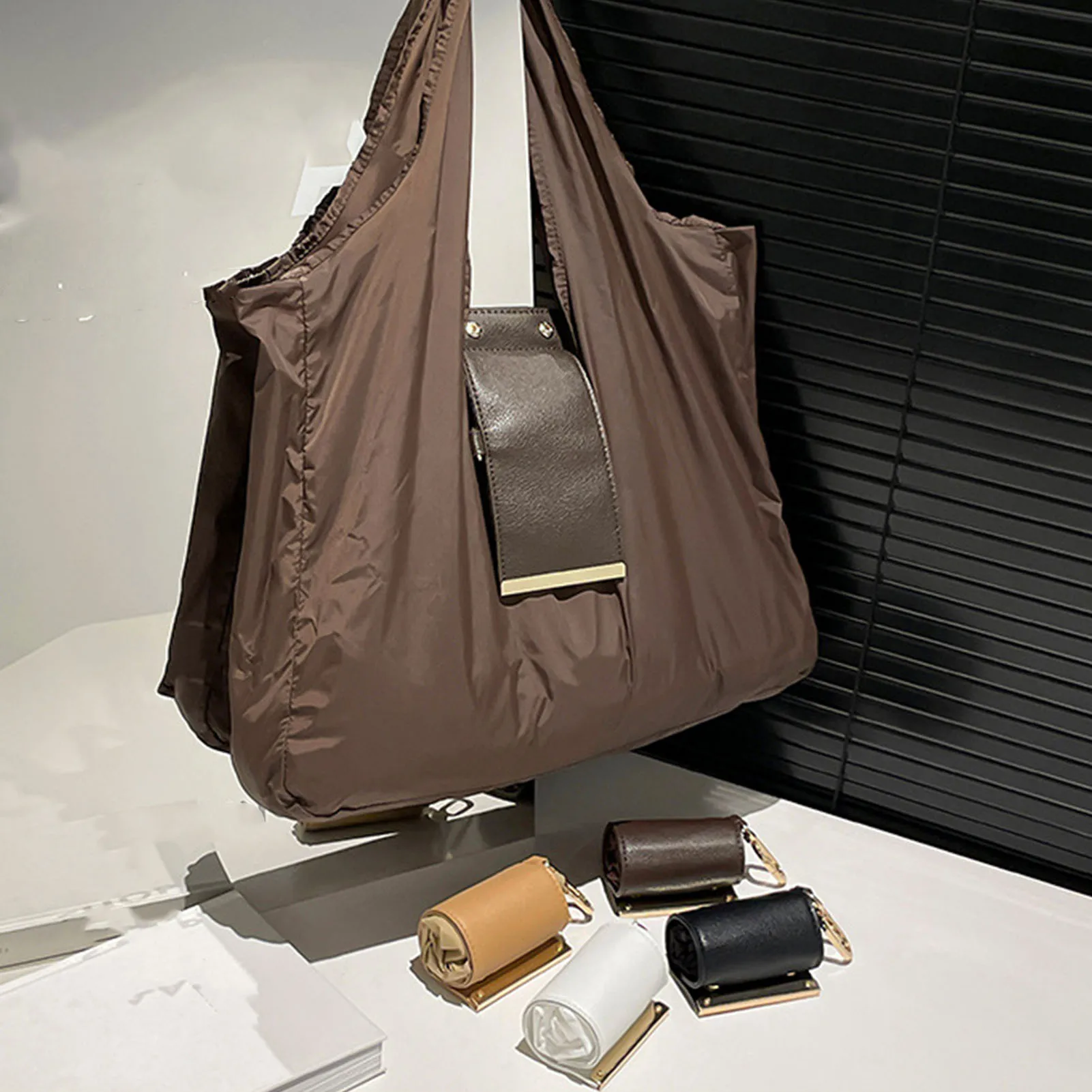 Foldable Handbag with Keychain Leather Nylon Expandable Reusable Grocery Bag for Shopping Market Travel Foldable Shopping Bag