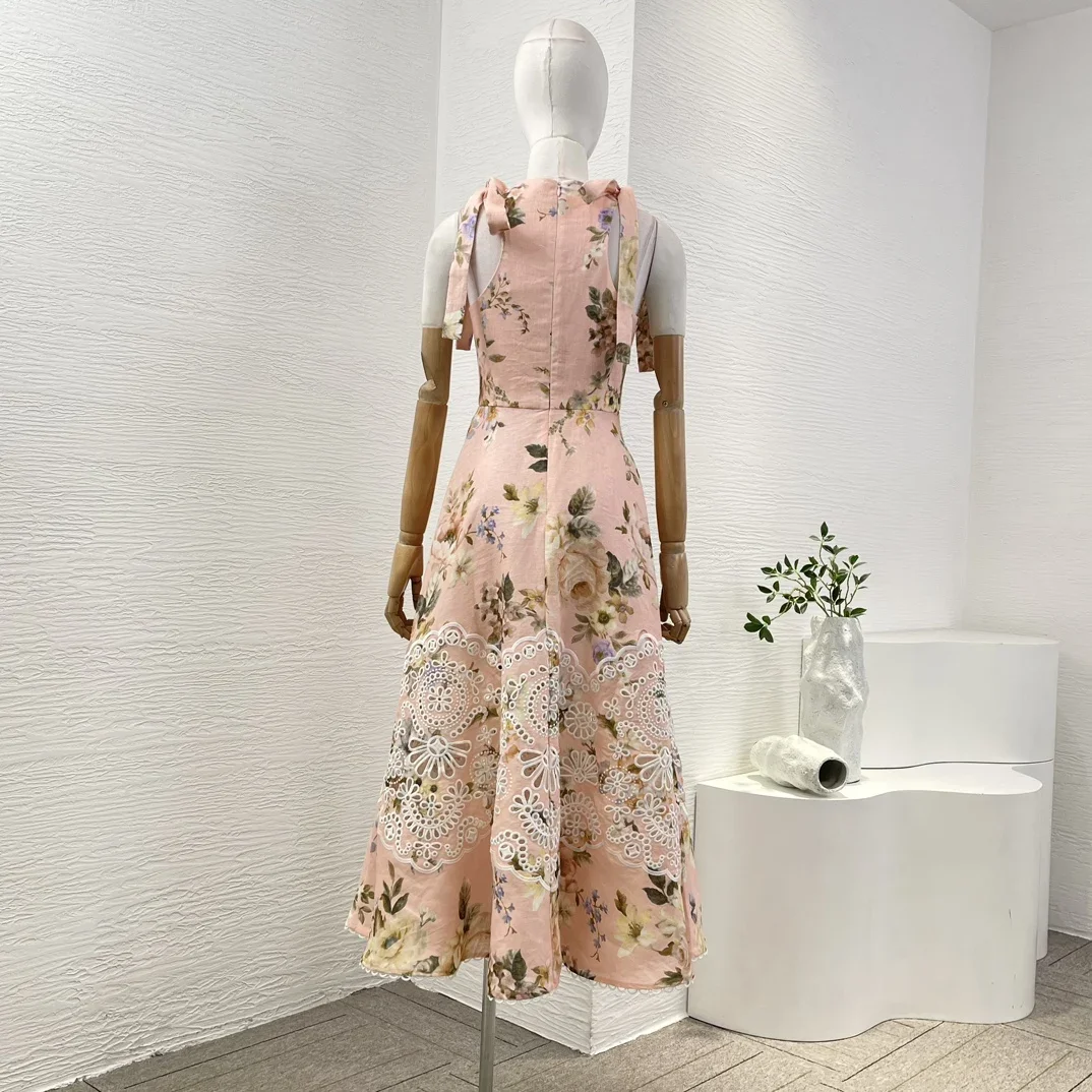 

Autumn New 2024 High Quality Linen Women Pink Floral Print Sleeveless Embroidery Lace-up Tank Midi Dress for Holiday