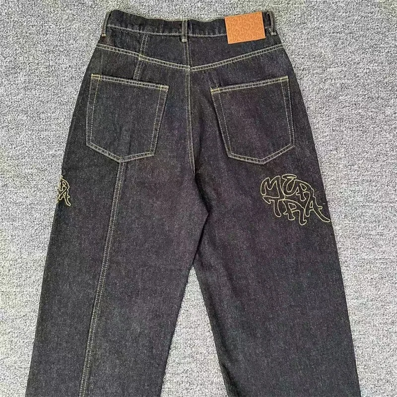 

Vintage Mertra Dark Blue Jeans Men Women 1:1 Best Quality Embroidered Logo Casual Black Straight-cut Denim Pants